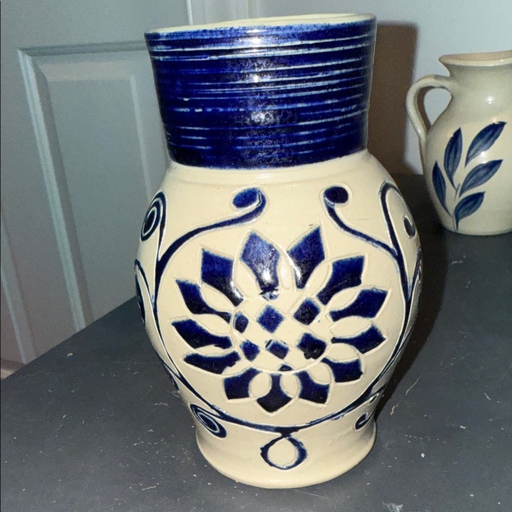 Handcrafted Williamsburg Pottery Jug w/  Handle - Grey and Cobalt Navy Glaze